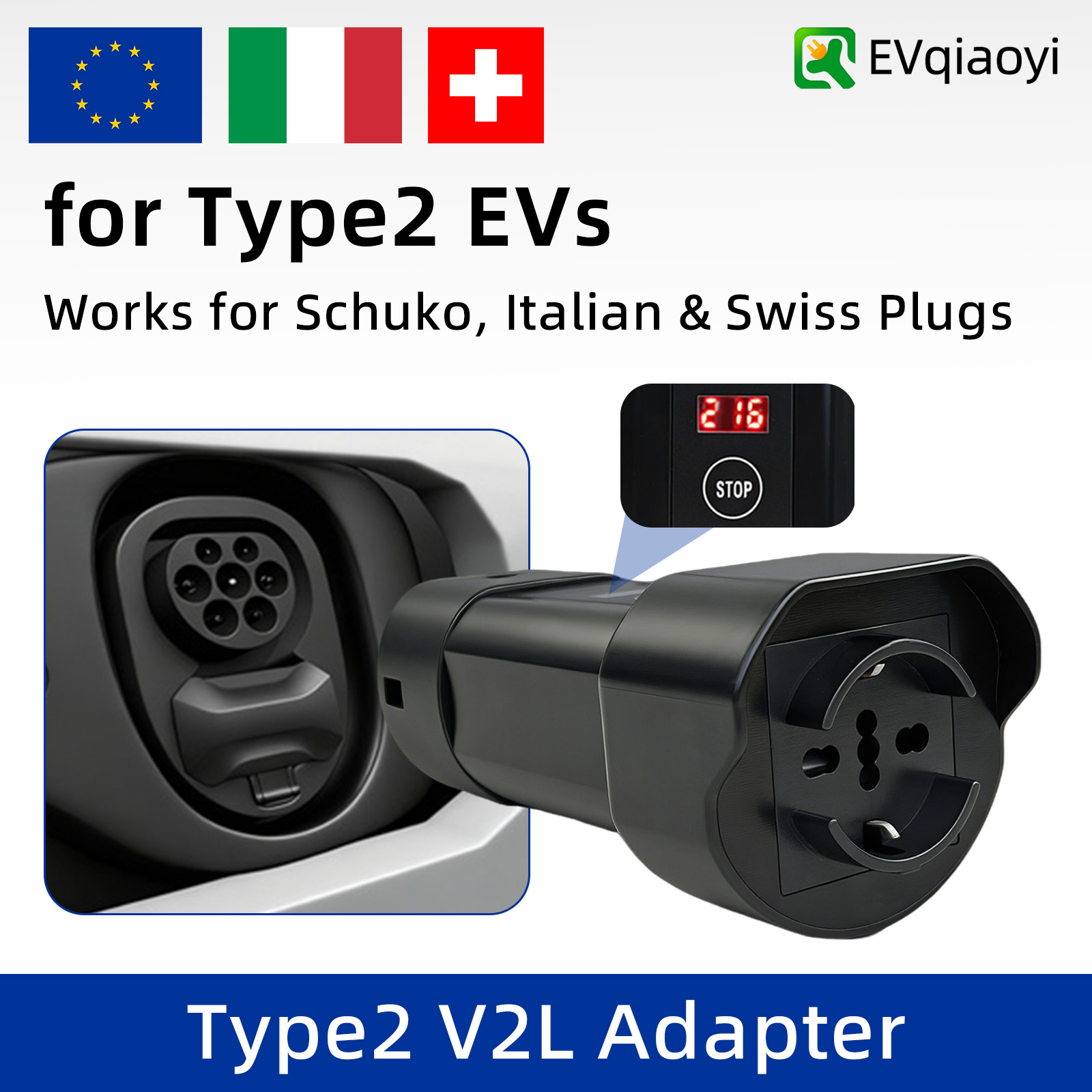 Travel Adapter Universal - EVqiaoyi Type2 V2L Discharge Adapter with