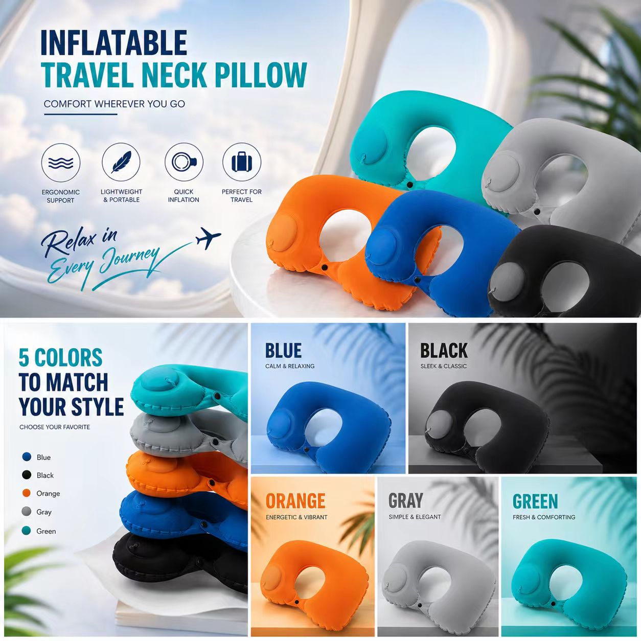 Travel Pillow Inflatable - 5 Colors Press Inflatable Pillow Foldable